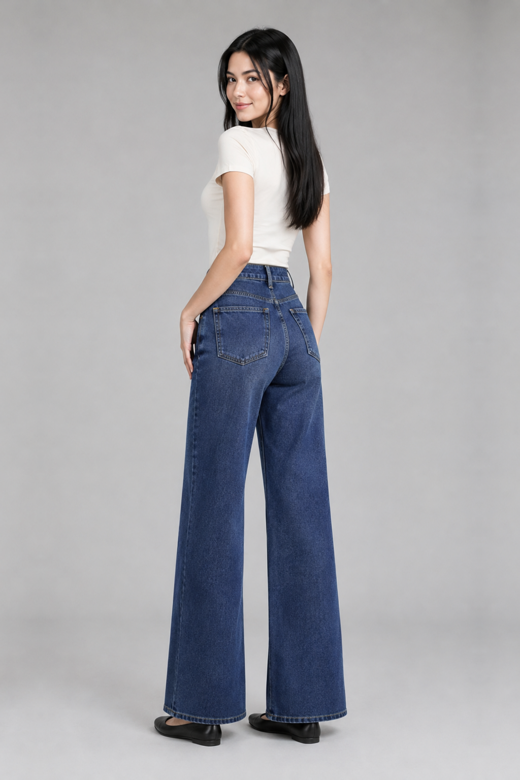 Color: Dunkelblau | Damen Wide-Leg Jeans mit asymmetrischem Bund, photo 4