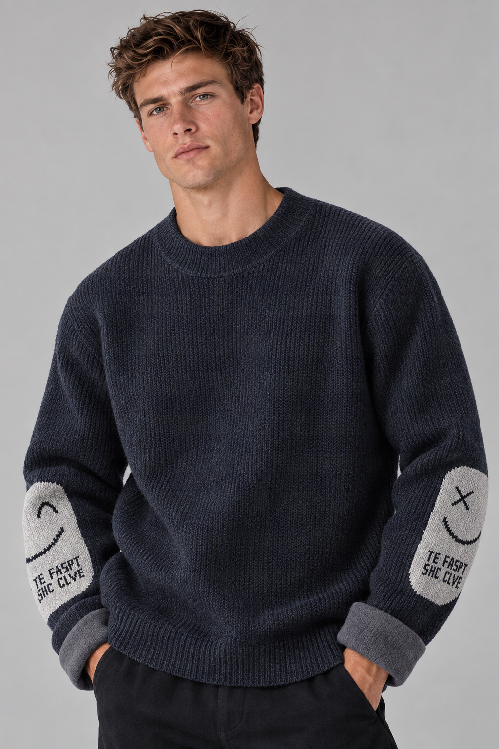 Color: Dunkelblau / Dark Navy | Gefütterter Herren Strickpullover mit Smiley-Details – Ansicht 3