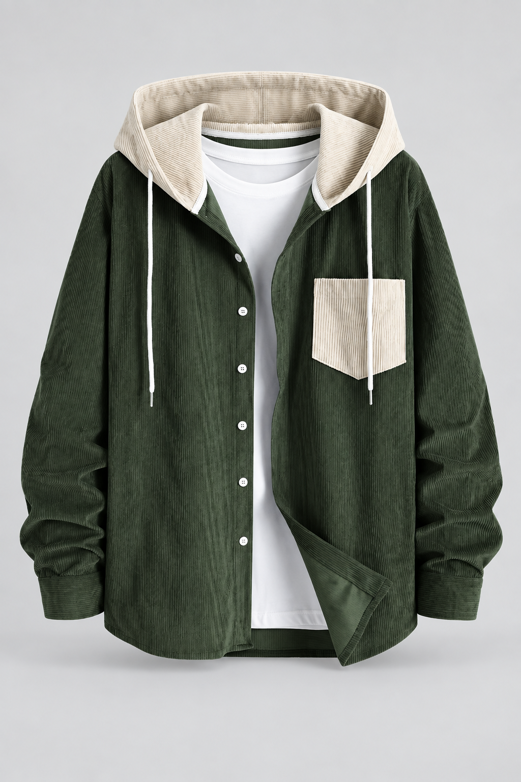Color: Dark Green | Cordjacke mit Kapuze und Kontrastdetails – Ansicht 1