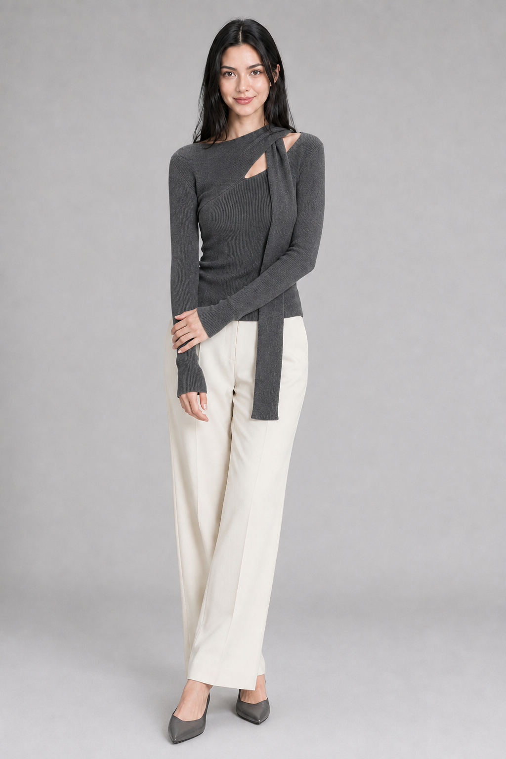 Color: Anthrazit | Tailliertes Stricktop mit asymmetrischem Ausschnitt, photo 7