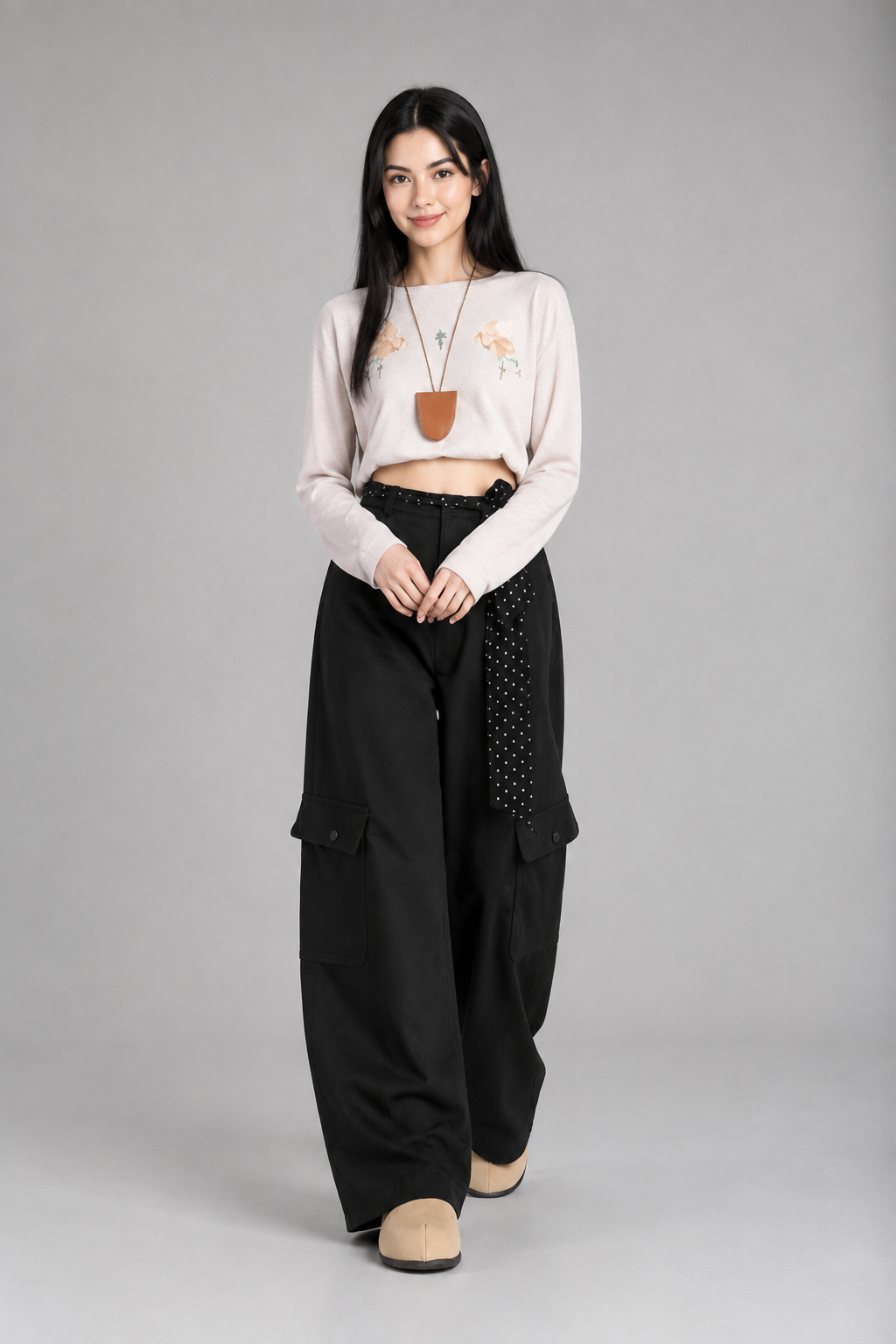 Color: Black | Damen High-Waist Wide-Leg Cargo-Hose, photo 1
