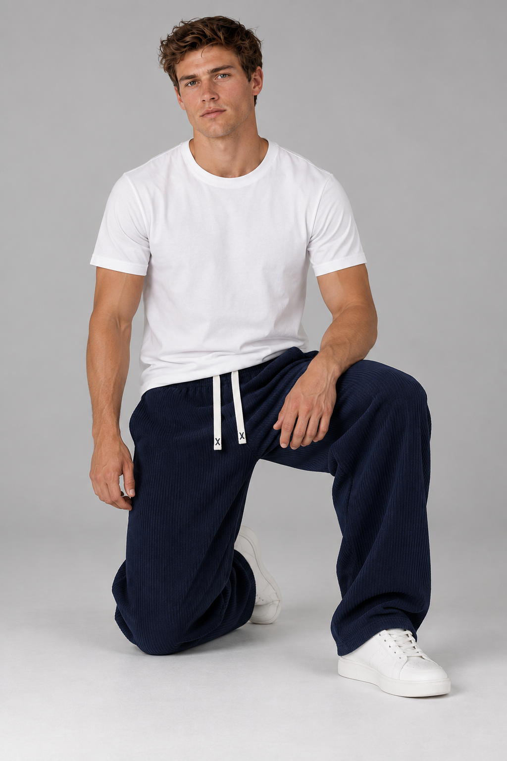 Color: Navy Blue | Herren Cordhose mit weitem Bein und Kordelzug – Ansicht 2