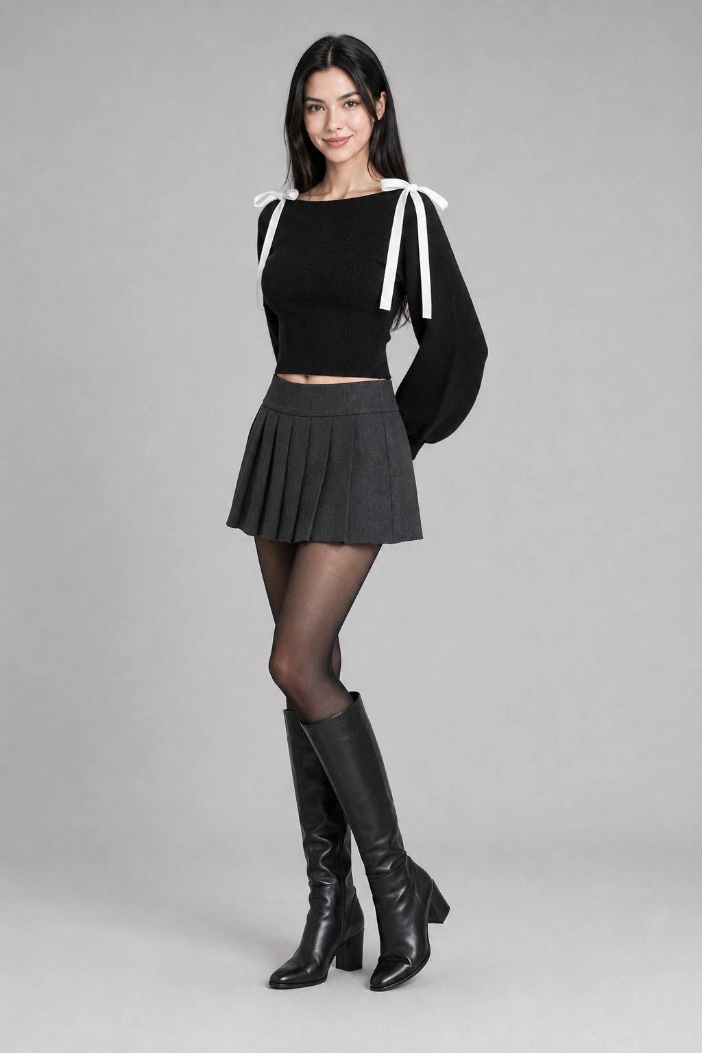 Color: Black | Cropped Strickpullover mit Schleifendetails, photo 2