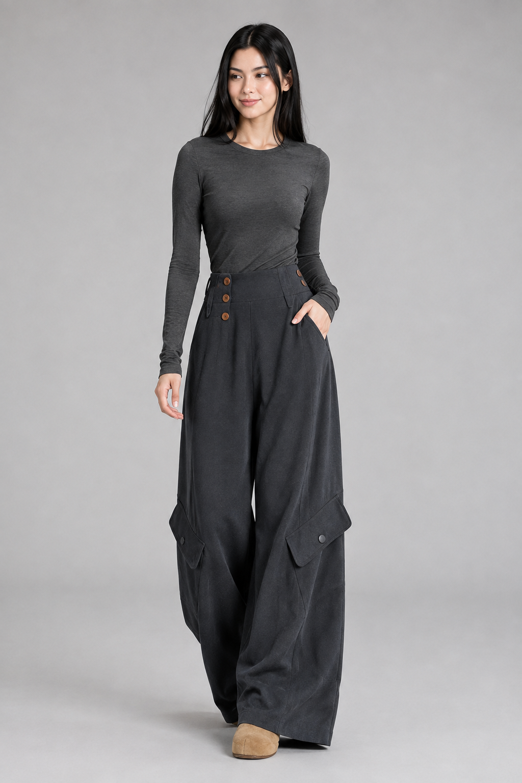 Color: Black | Damen High-Waist Wide-Leg Cargo-Hose, photo 12