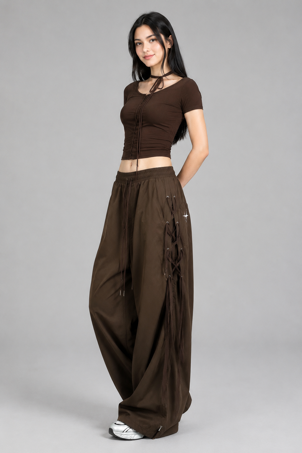 Color: Braun | Damen Wide-Leg Parachute-Hose mit Schnürdetails, photo 5