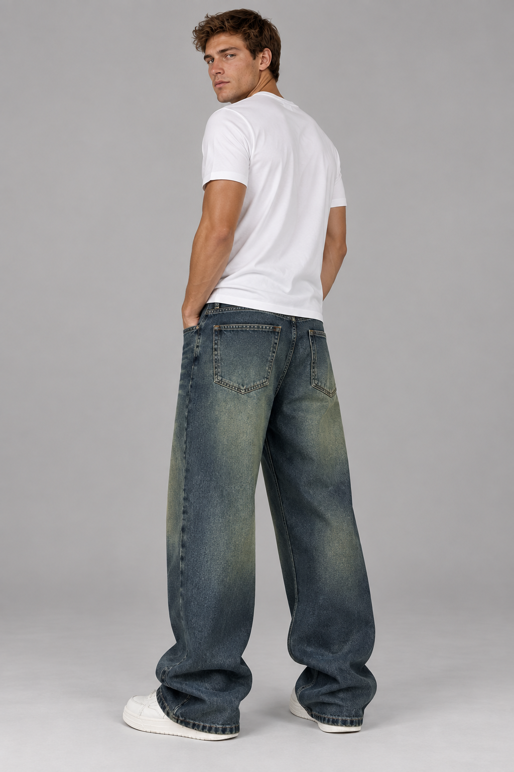 Herren Vintage Wide-Leg Jeans mit Used-Waschung