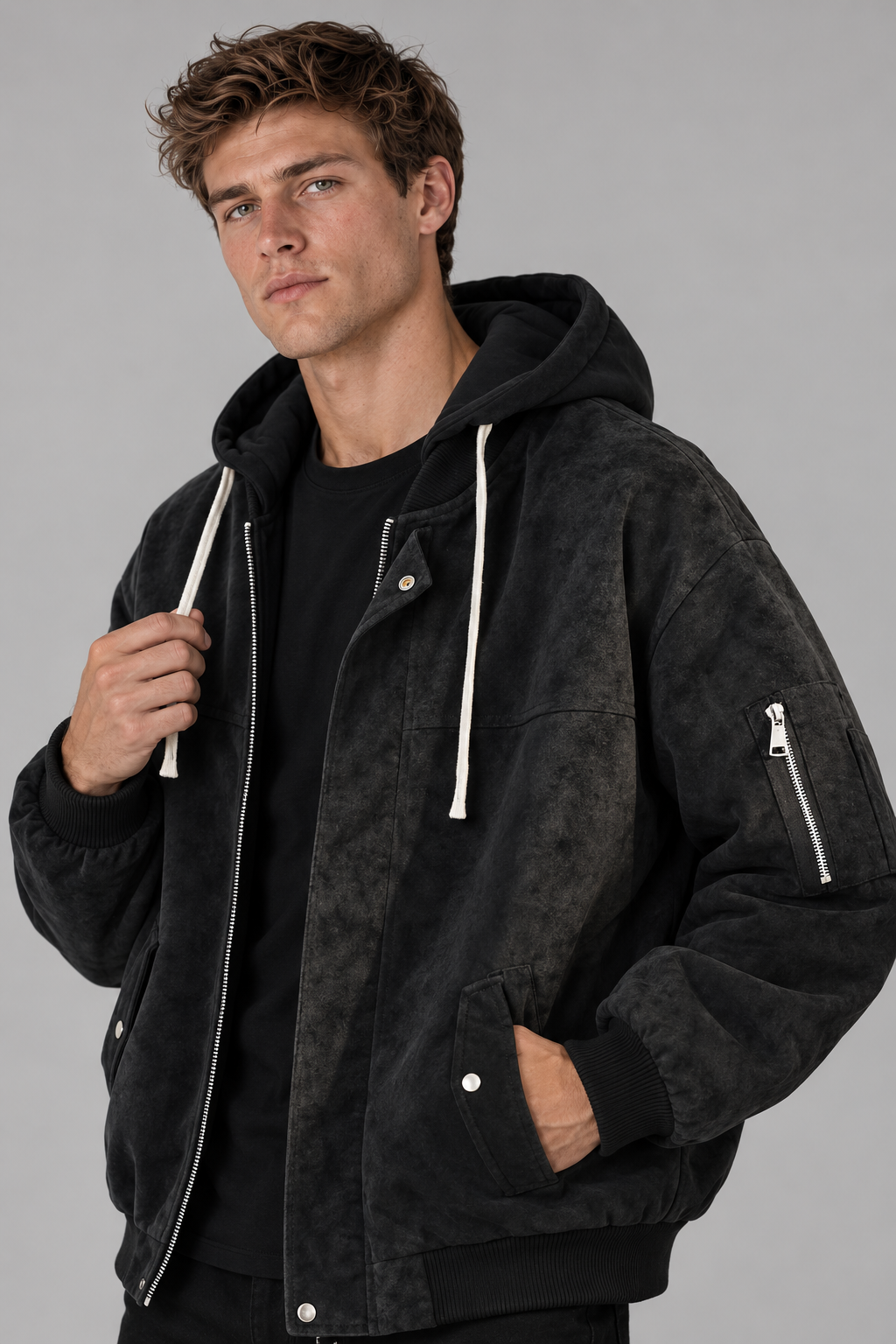 Color: Black | Oversize Jacke in Wildlederoptik mit Kapuze – Ansicht 3