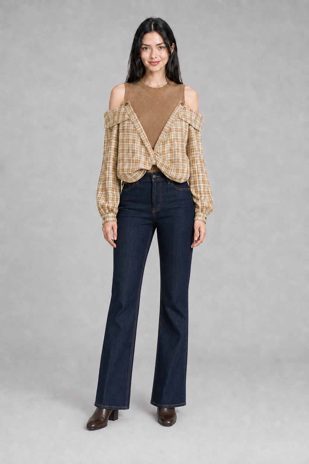 Color: Beige | Karierte 2-in-1 Bluse mit Cut-Out-Schultern, photo 3