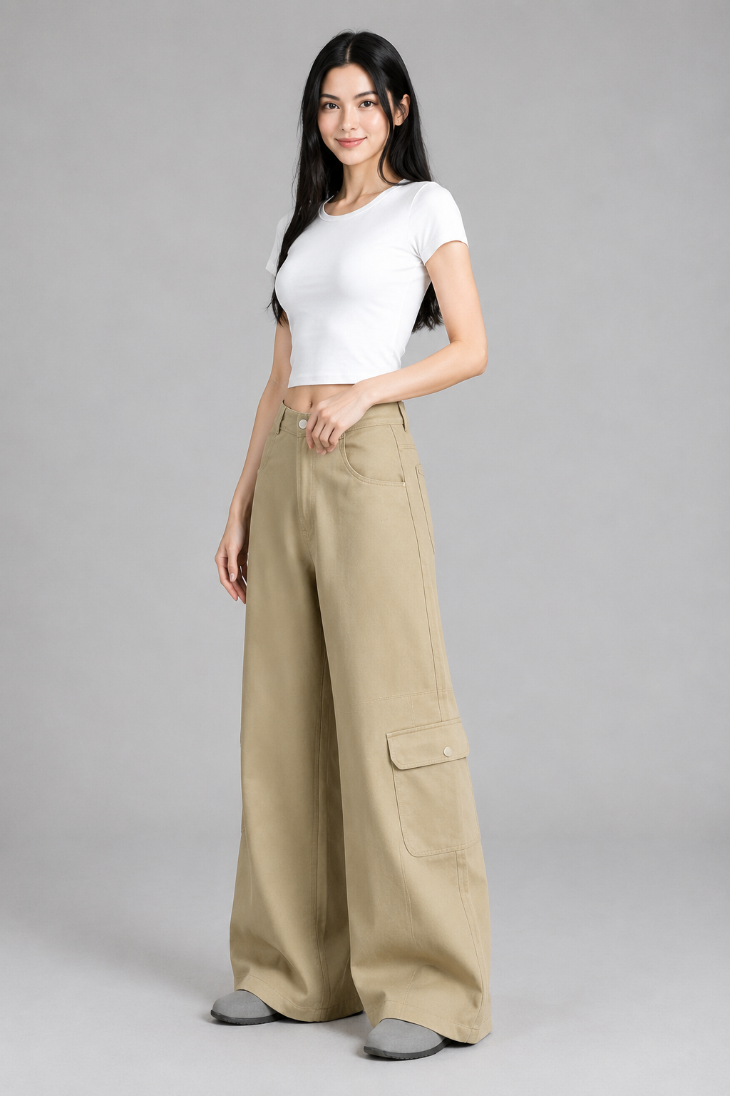 Color: Beige | Damen High-Waist Wide-Leg Cargo-Hose, photo 10