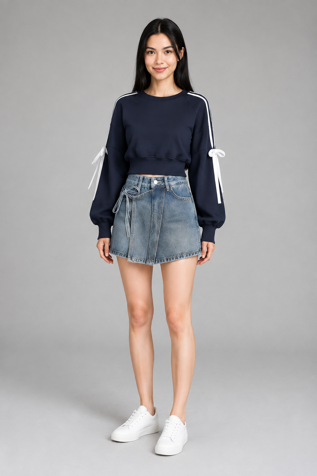 Color: Dunkelblau | Kurzes Sweatshirt mit Schleifen-Details, photo 3