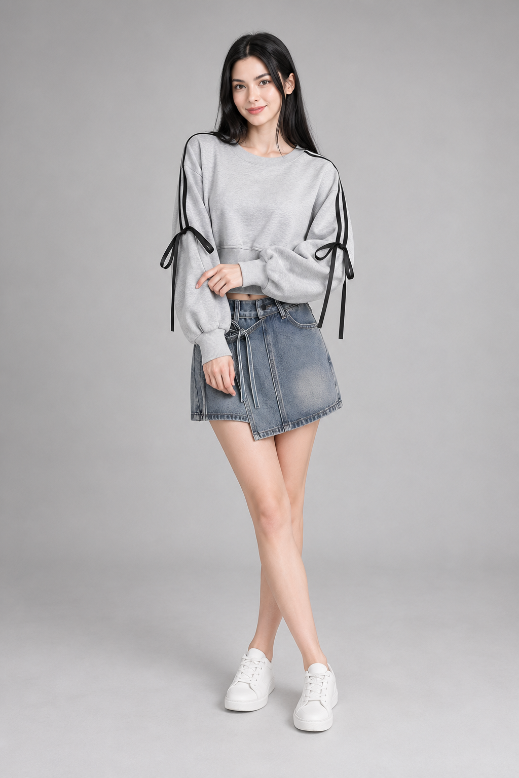 Color: Light Gray | Kurzes Sweatshirt mit Schleifen-Details, photo 5