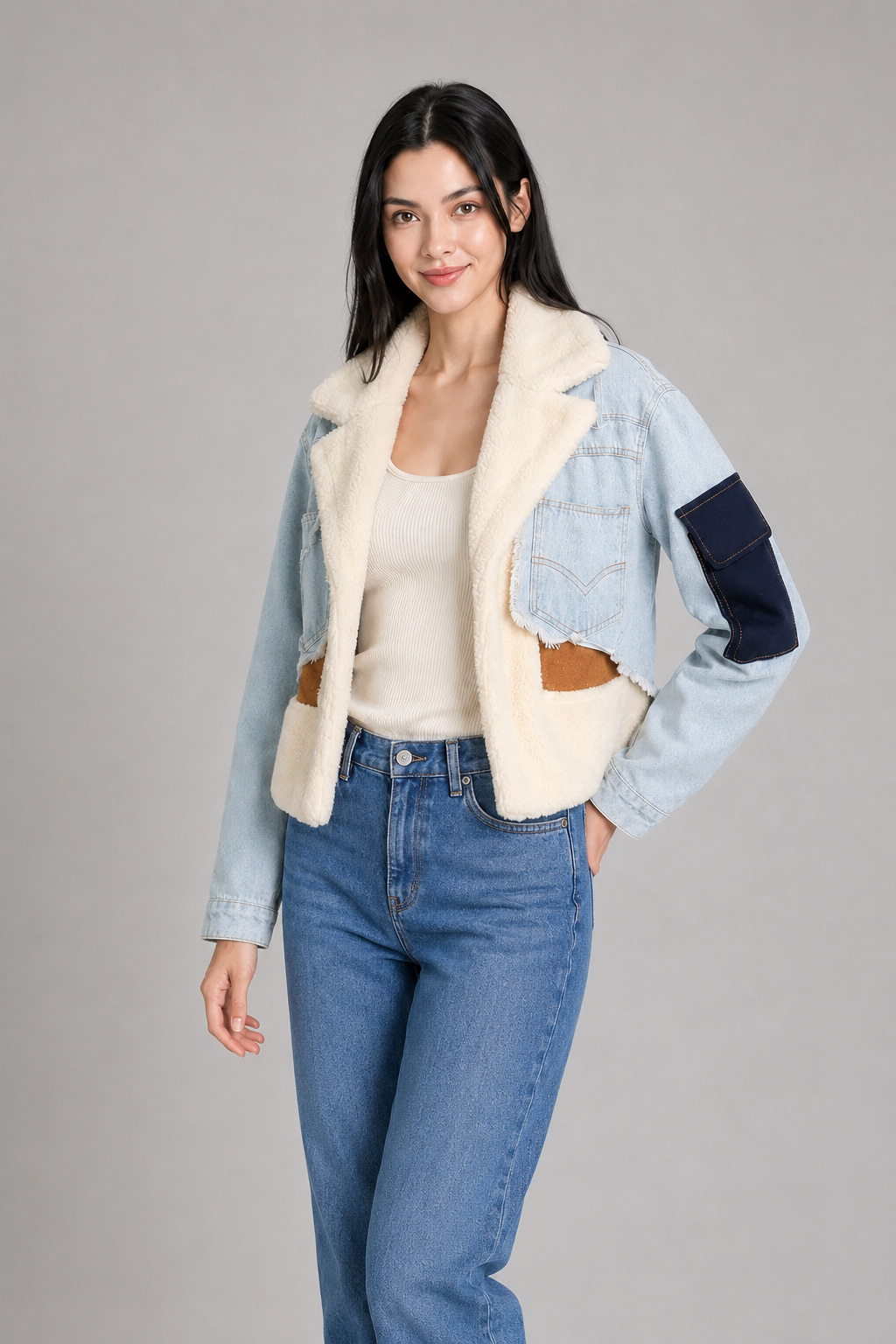Livia | Patchwork-Jeansjacke mit Teddy-Details