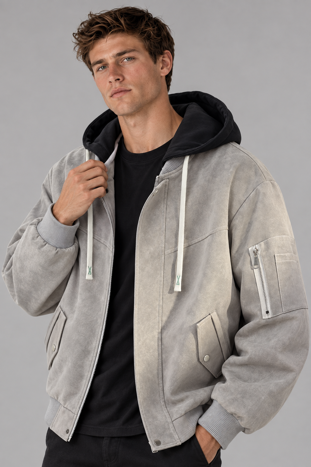 Color: Light Gray | Oversize Jacke in Wildlederoptik mit Kapuze – Ansicht 1