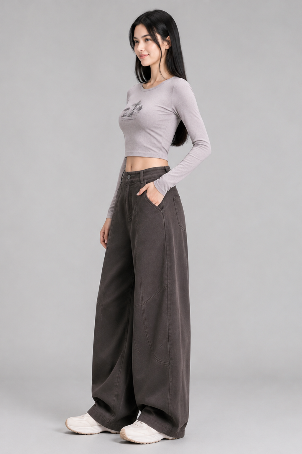 Color: Braun | Damen High-Waist Wide-Leg Hose mit geschwungenen Nähten, photo 3