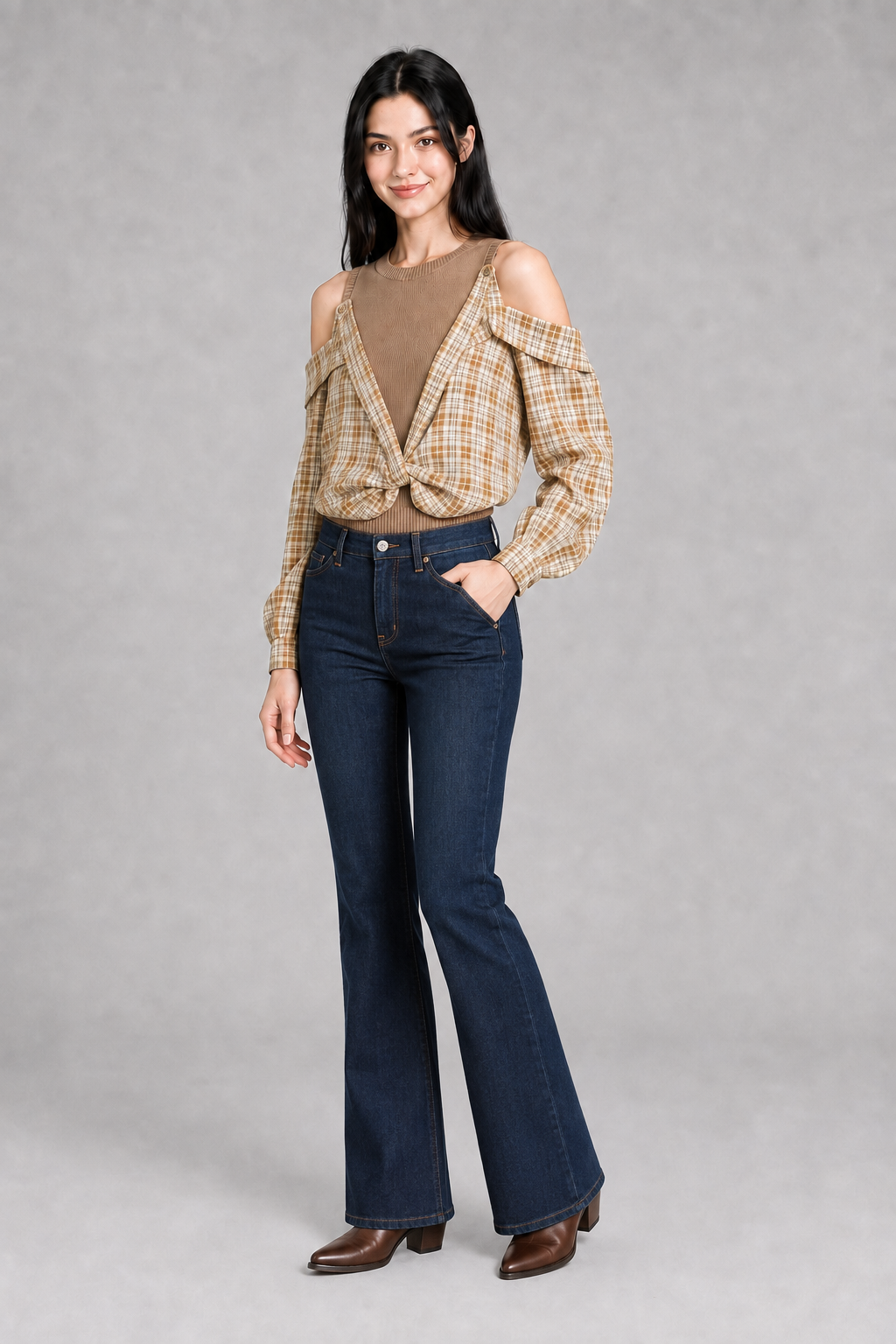 Color: Beige | Karierte 2-in-1 Bluse mit Cut-Out-Schultern, photo 4