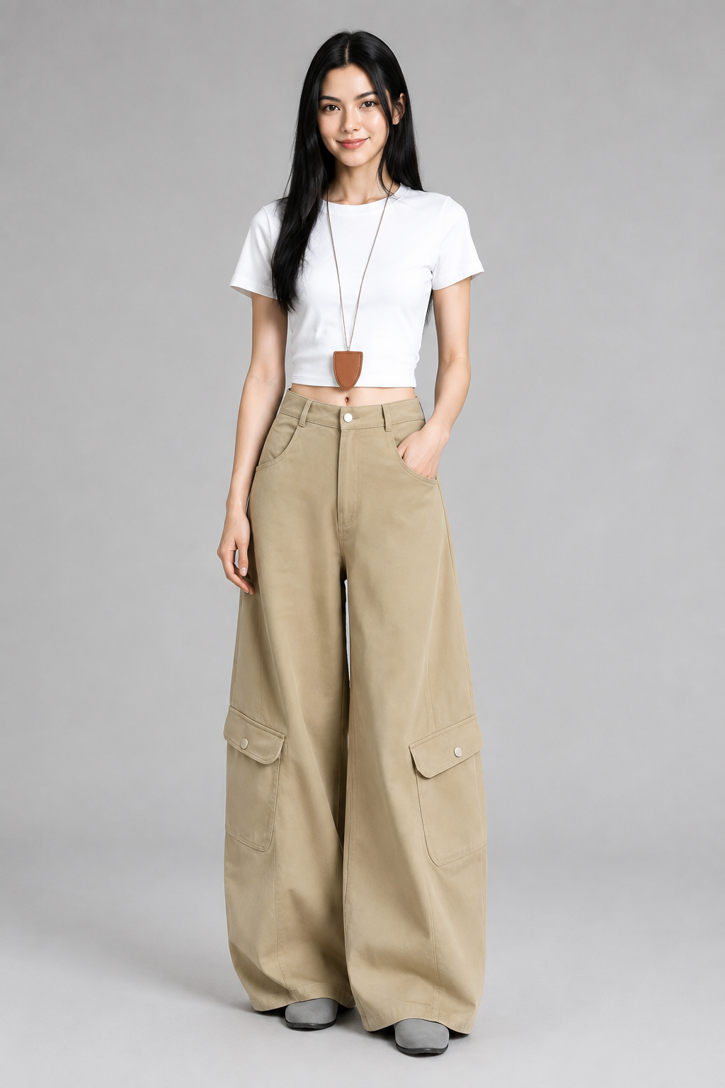 Color: Beige | Damen High-Waist Wide-Leg Cargo-Hose, photo 9