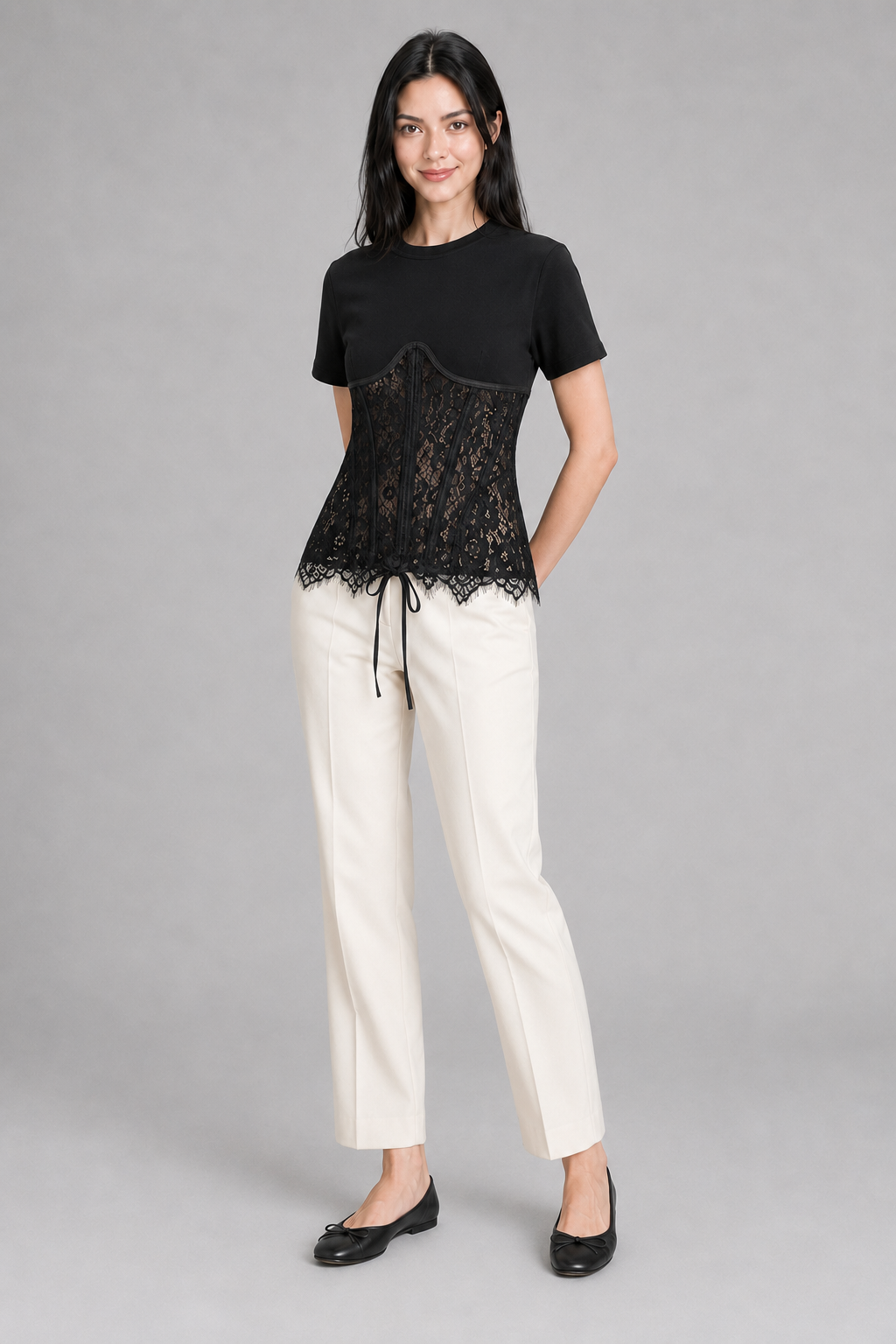 Color: Black | T-Shirt mit tailliertem Spitzen-Corsagen-Detail, photo 6