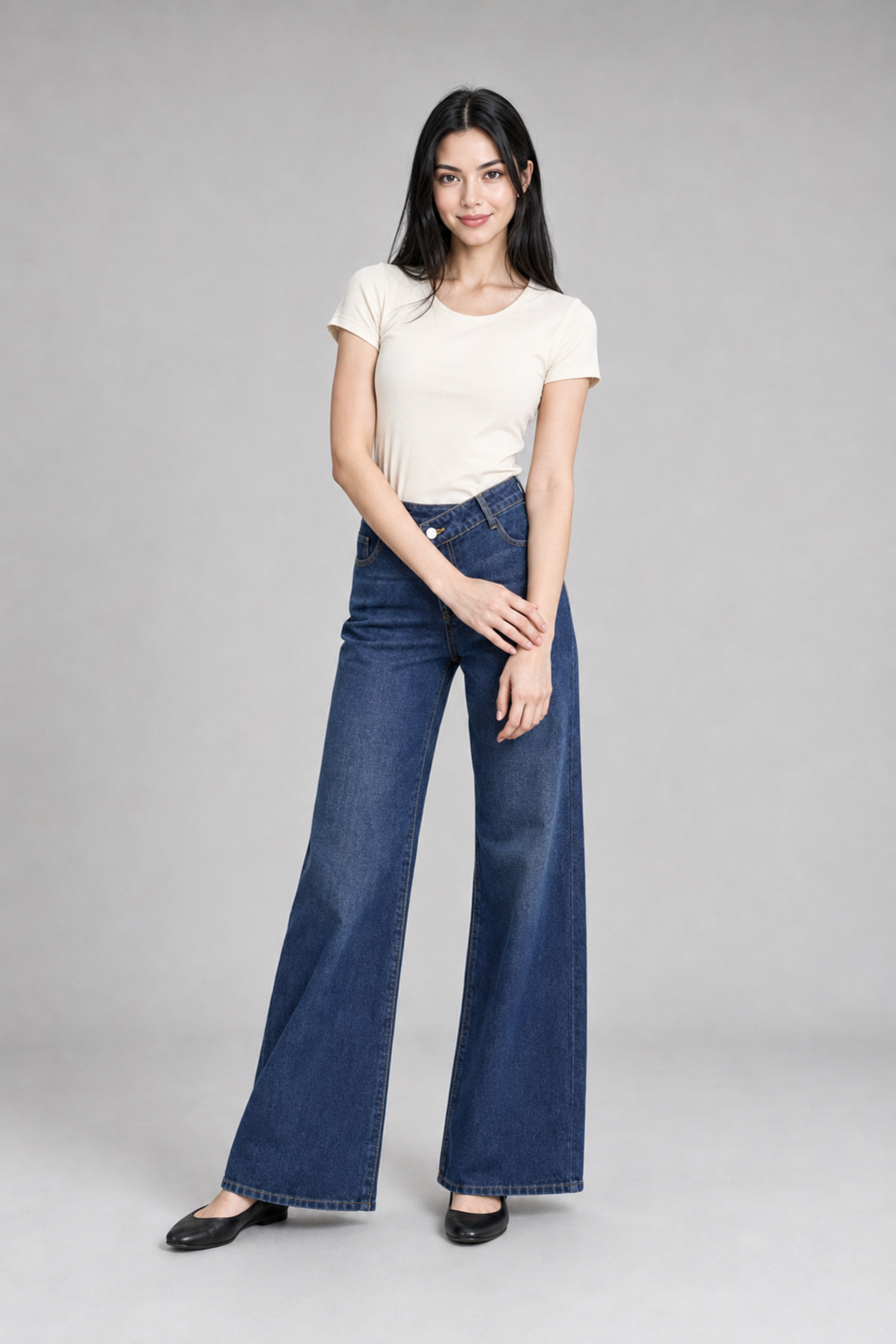 Color: Dunkelblau | Damen Wide-Leg Jeans mit asymmetrischem Bund, photo 1