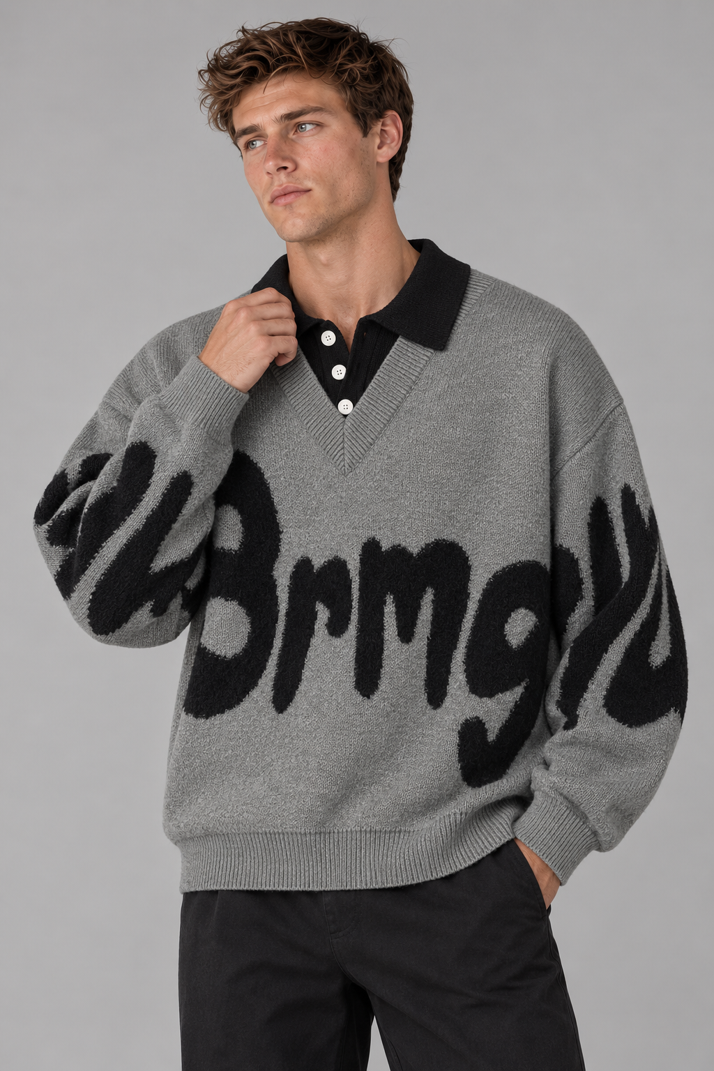 Color: Grau | Oversize Strickpullover mit Polokragen und Statement-Schriftzug – Ansicht 3