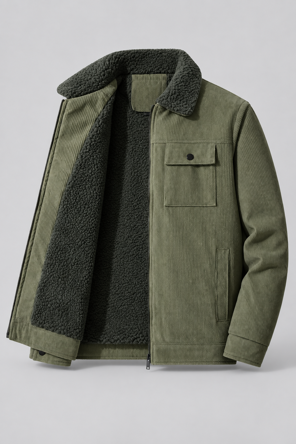 Color: Military Green | Gefütterte Herren Cordjacke mit Teddyfleece – Ansicht 2