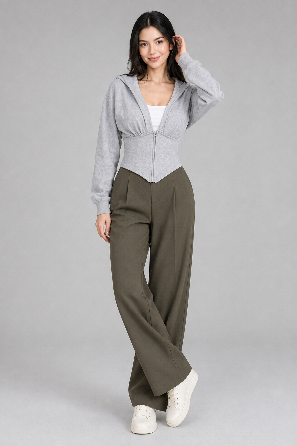 Color: Light Gray | Graue Corsagen-Sweatjacke mit Kapuze, photo 1