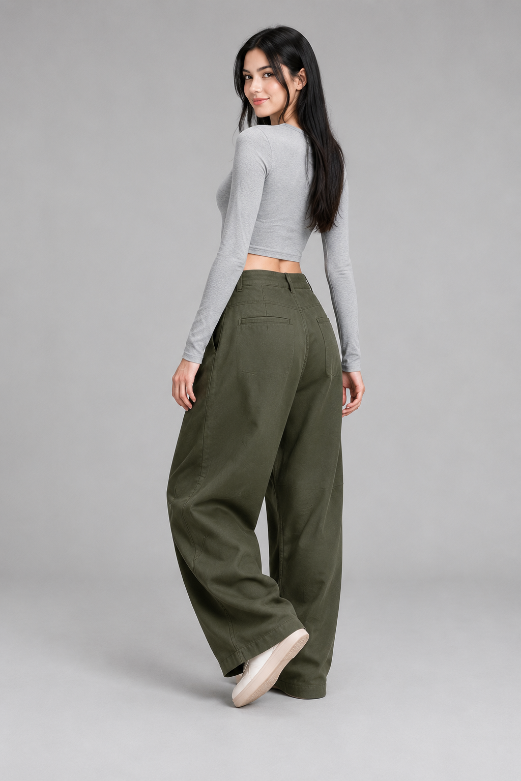 Color: Green | Damen High-Waist Wide-Leg Hose mit geschwungenen Nähten, photo 5