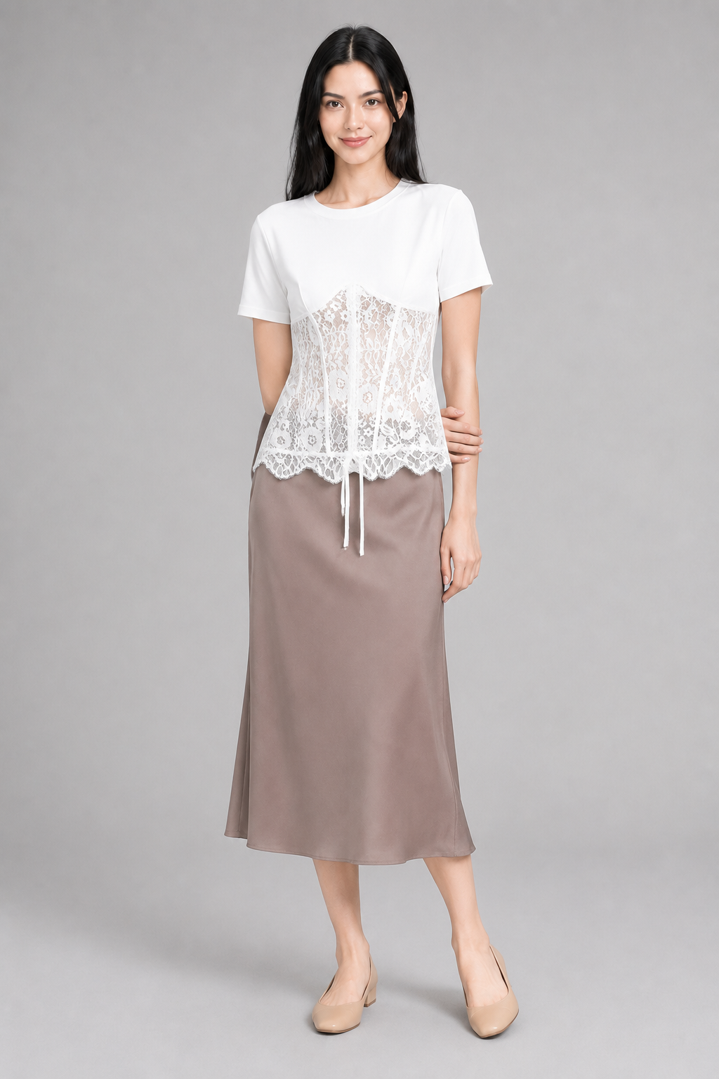 Color: White | T-Shirt mit tailliertem Spitzen-Corsagen-Detail, photo 1