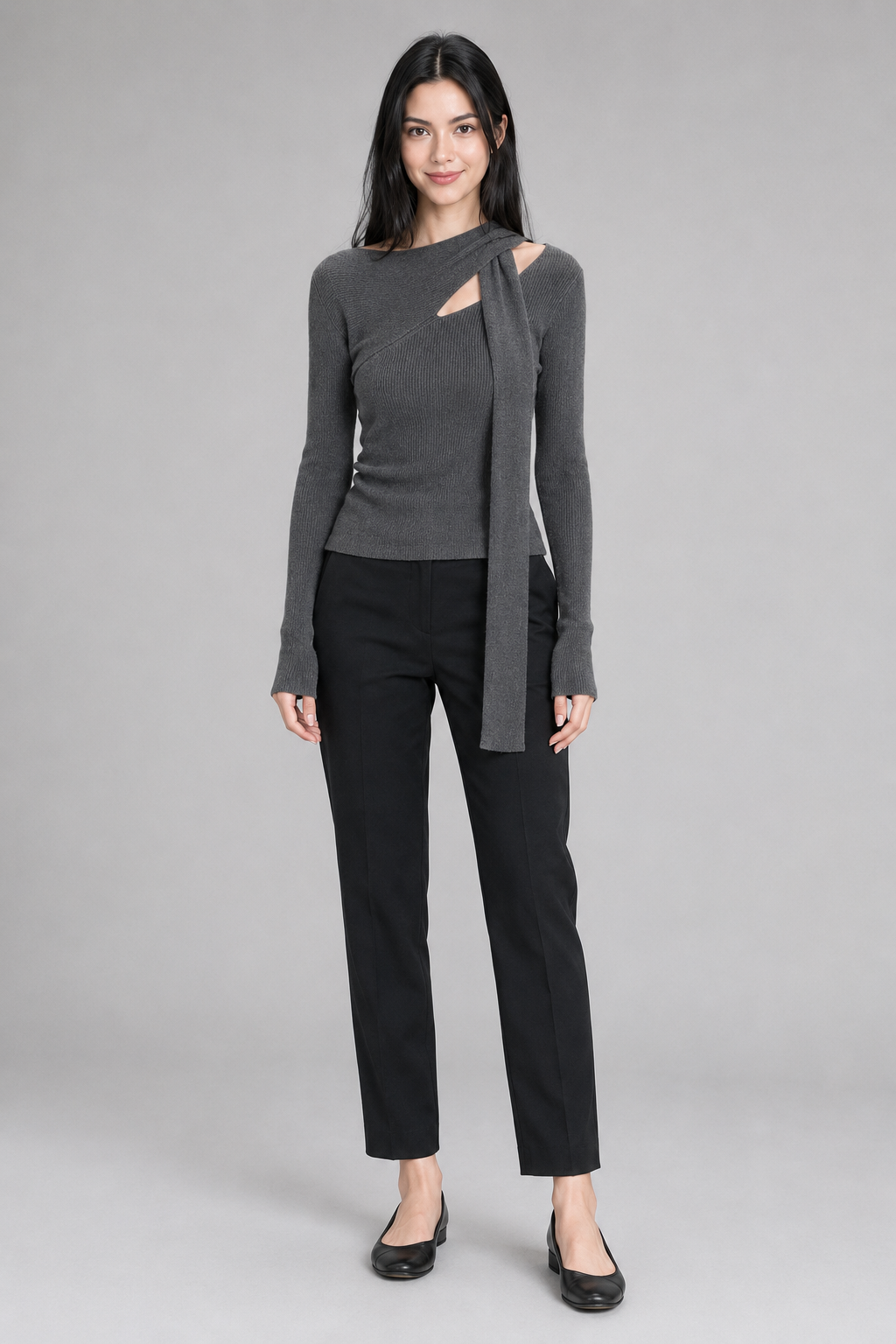 Color: Anthrazit | Tailliertes Stricktop mit asymmetrischem Ausschnitt, photo 8