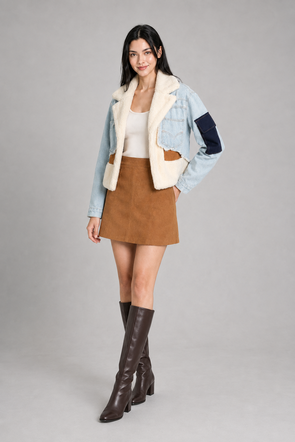 Livia | Patchwork-Jeansjacke mit Teddy-Details