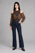 Color: Brown | Karierte 2-in-1 Bluse mit Cut-Out-Schultern, photo 1