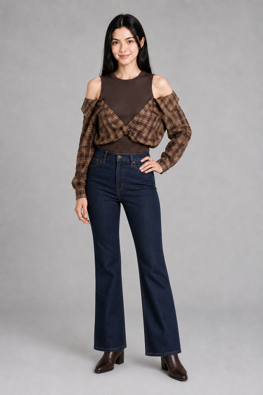 Color: Brown | Karierte 2-in-1 Bluse mit Cut-Out-Schultern, photo 1