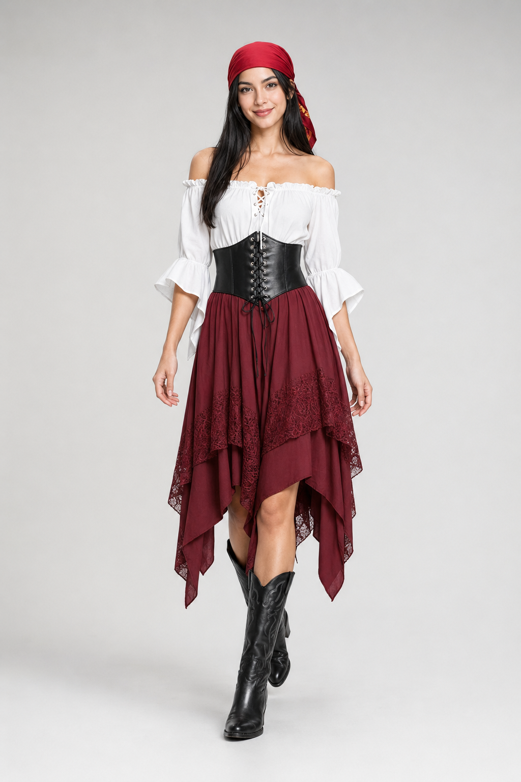 Color: Bordeauxrot | Dreiteiliges Renaissance-Kostüm mit asymmetrischem Rock, photo 8