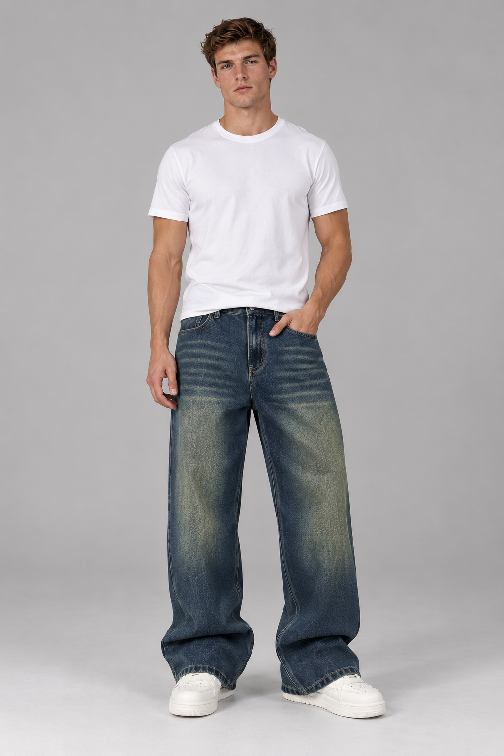Herren Vintage Wide-Leg Jeans mit Used-Waschung