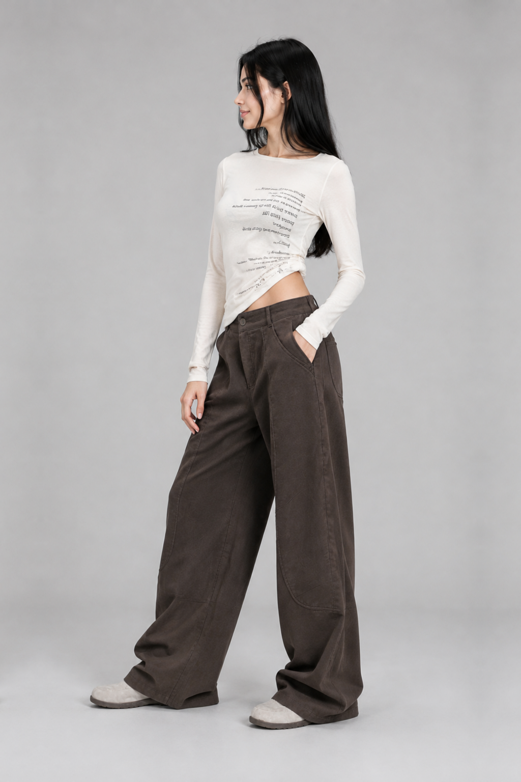 Color: Braun | Damen High-Waist Wide-Leg Hose mit geschwungenen Nähten, photo 4