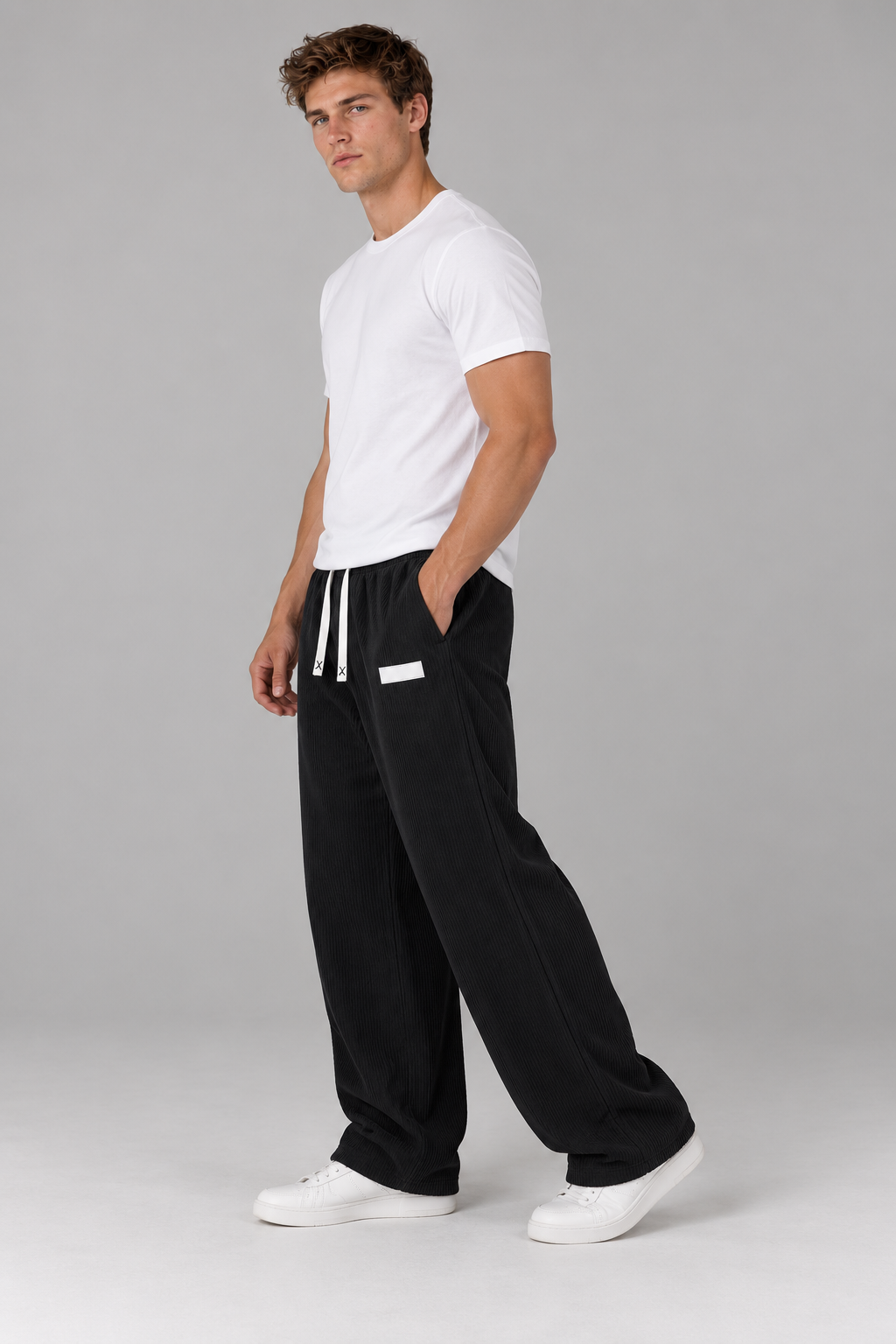 Color: Black | Herren Cordhose mit weitem Bein und Kordelzug – Ansicht 3