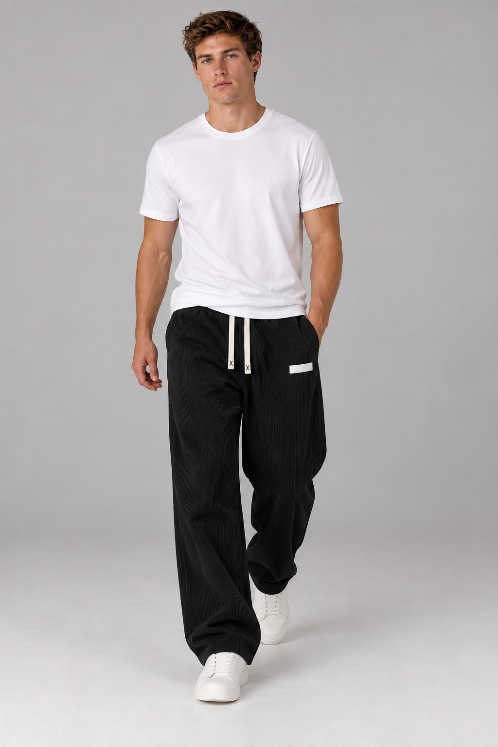 Color: Black | Herren Cordhose mit weitem Bein und Kordelzug – Ansicht 1