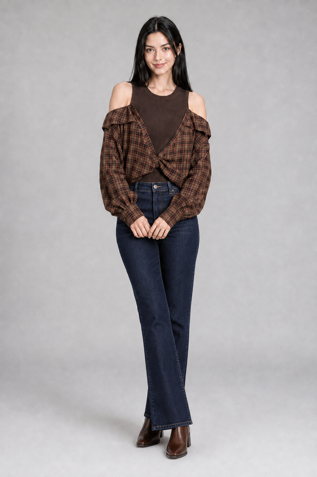 Color: Brown | Karierte 2-in-1 Bluse mit Cut-Out-Schultern, photo 2