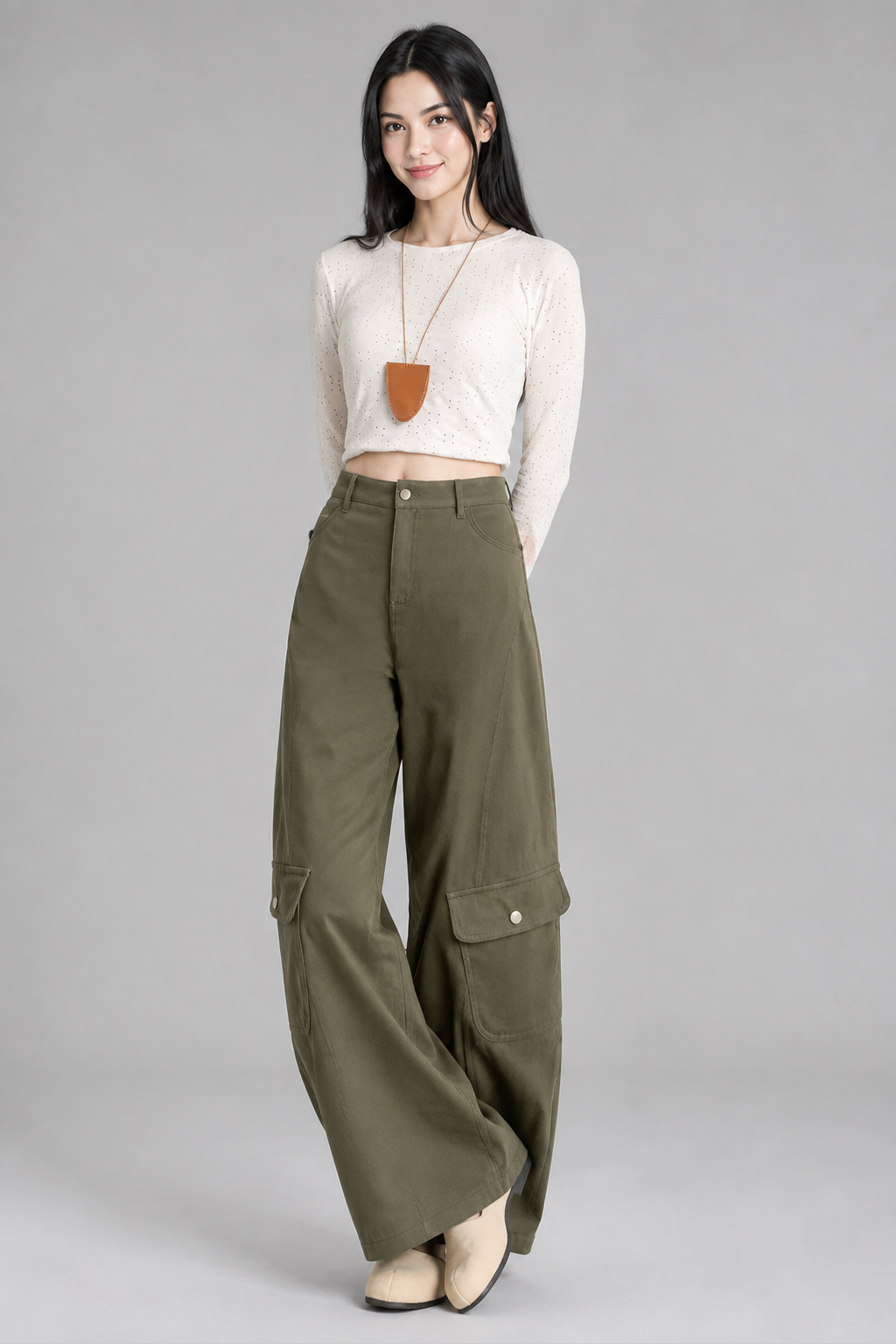 Color: Green | Damen High-Waist Wide-Leg Cargo-Hose, photo 5