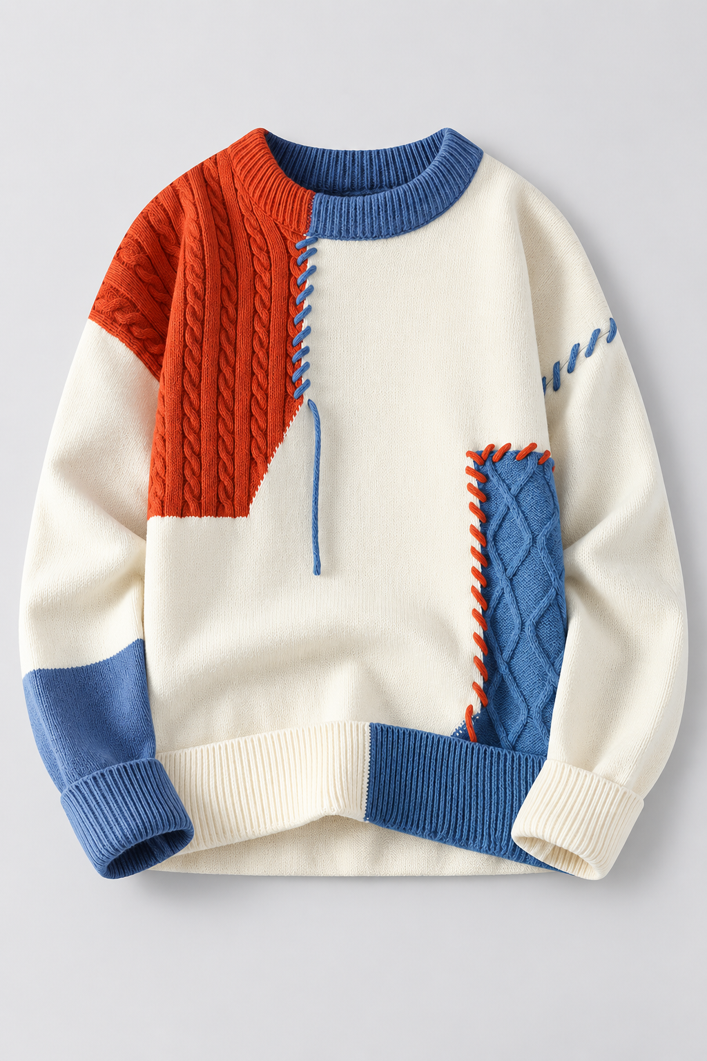 Color: Blue accent | Oversize Strickpullover mit Patchwork- und Zopfmuster – Ansicht 1