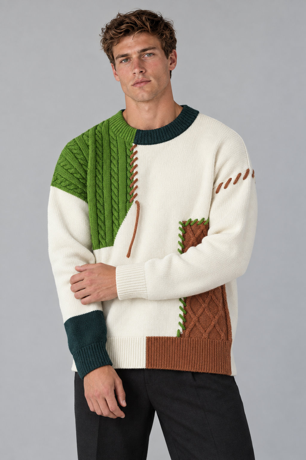 Color: Cream base | Oversize Strickpullover mit Patchwork- und Zopfmuster – Ansicht 3