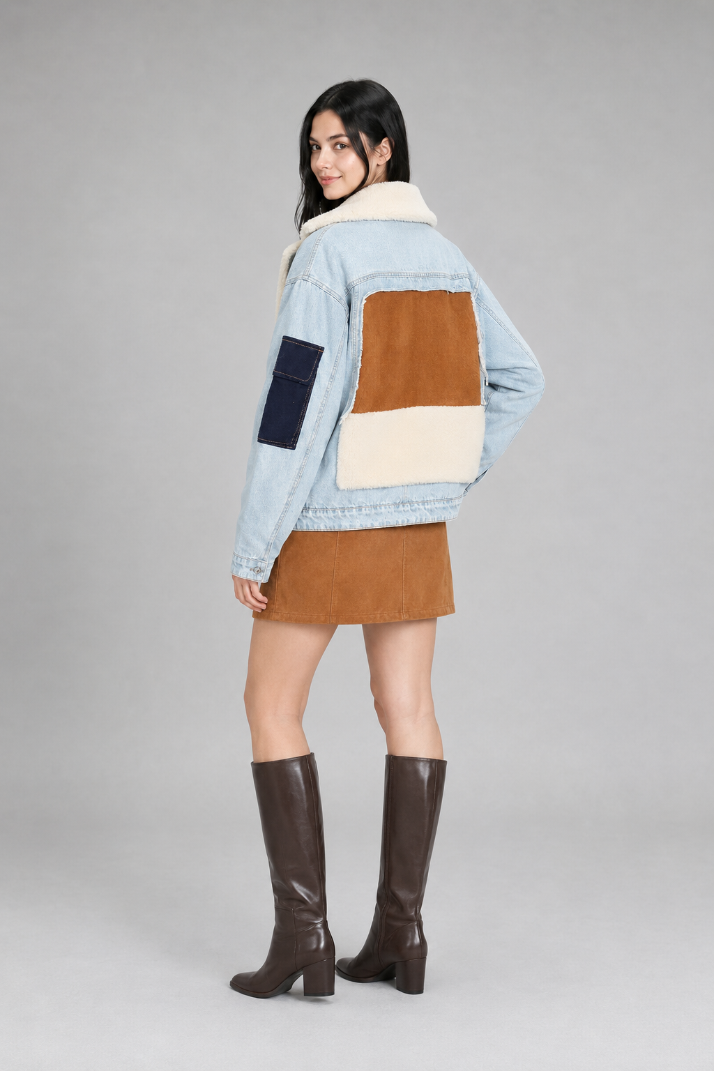 Livia | Patchwork-Jeansjacke mit Teddy-Details