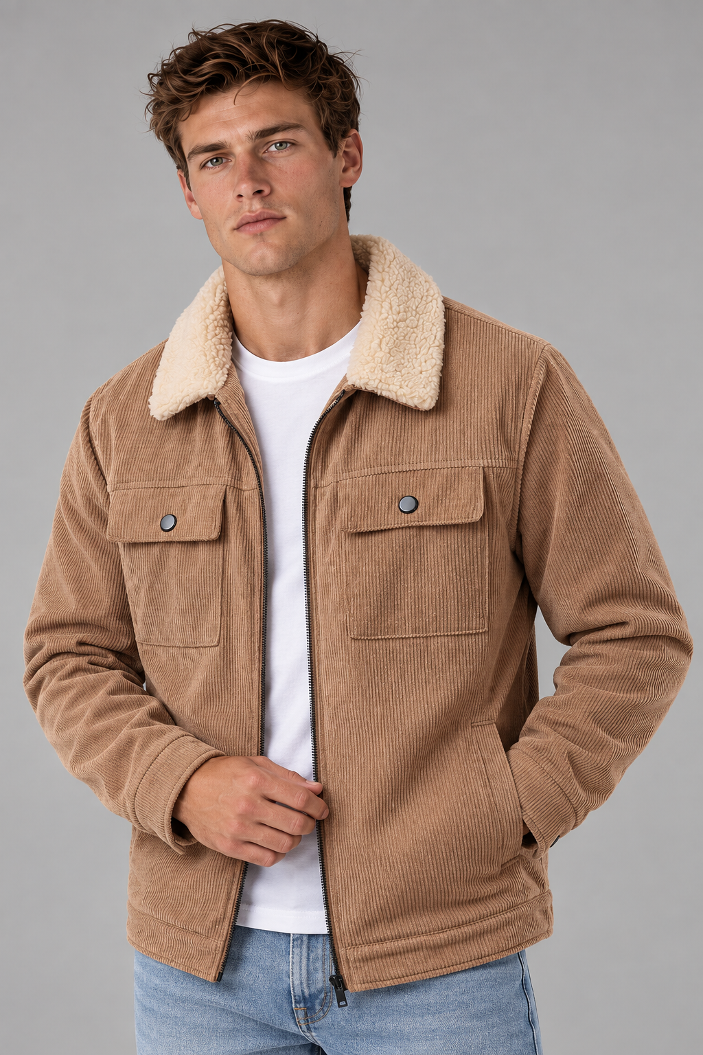 Color: Khaki | Gefütterte Herren Cordjacke mit Teddyfleece – Ansicht 1
