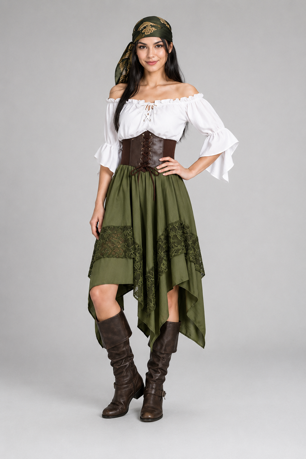 Color: Green | Dreiteiliges Renaissance-Kostüm mit asymmetrischem Rock, photo 1