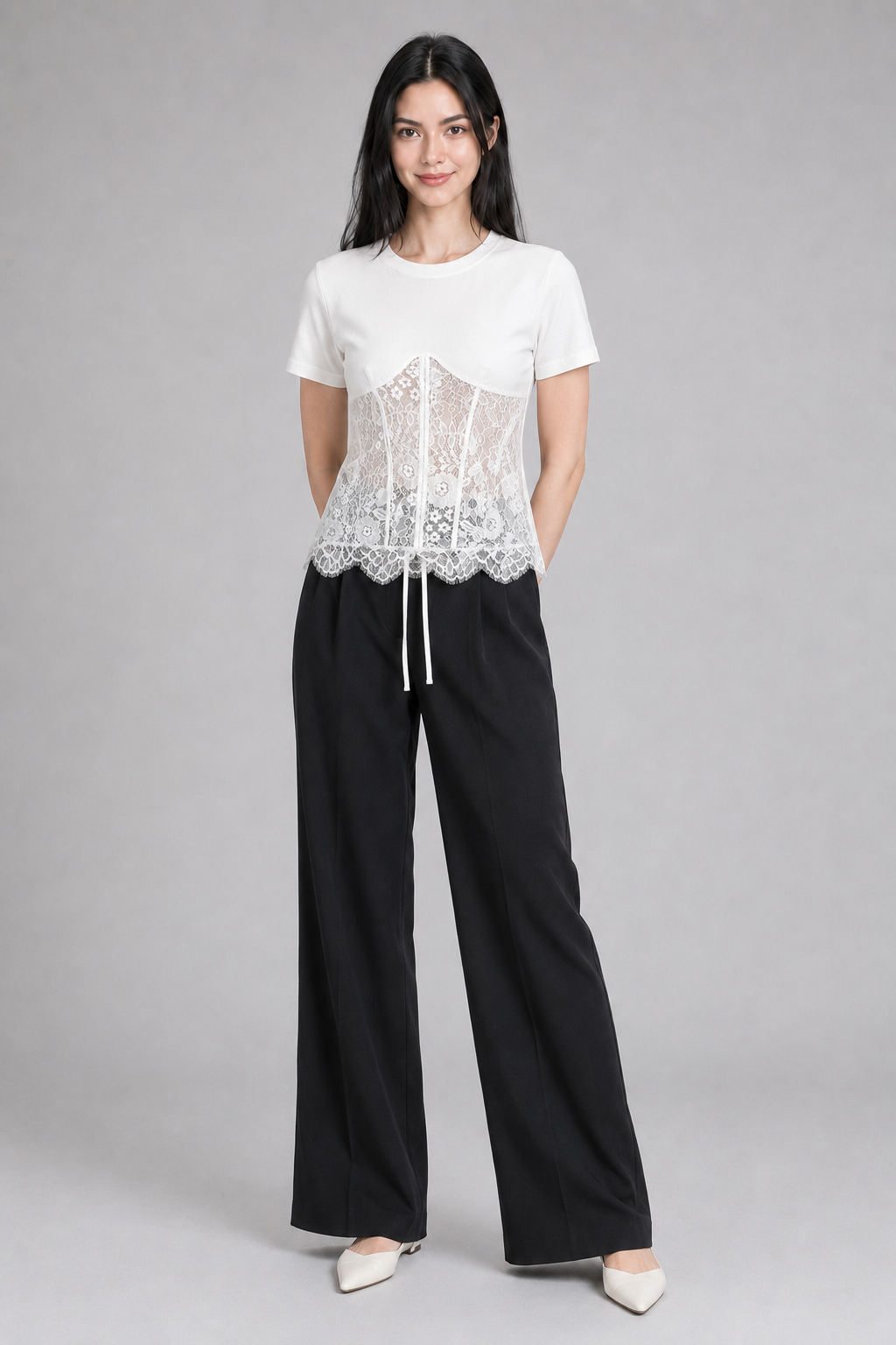 Color: White | T-Shirt mit tailliertem Spitzen-Corsagen-Detail, photo 3