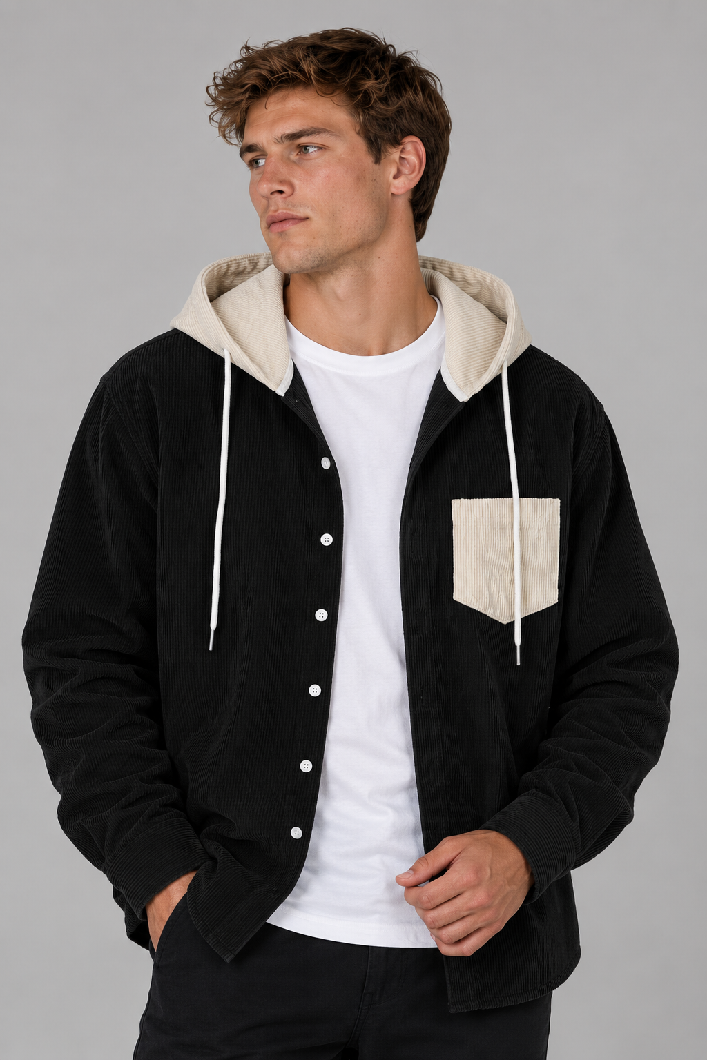Color: Black | Cordjacke mit Kapuze und Kontrastdetails – Ansicht 2
