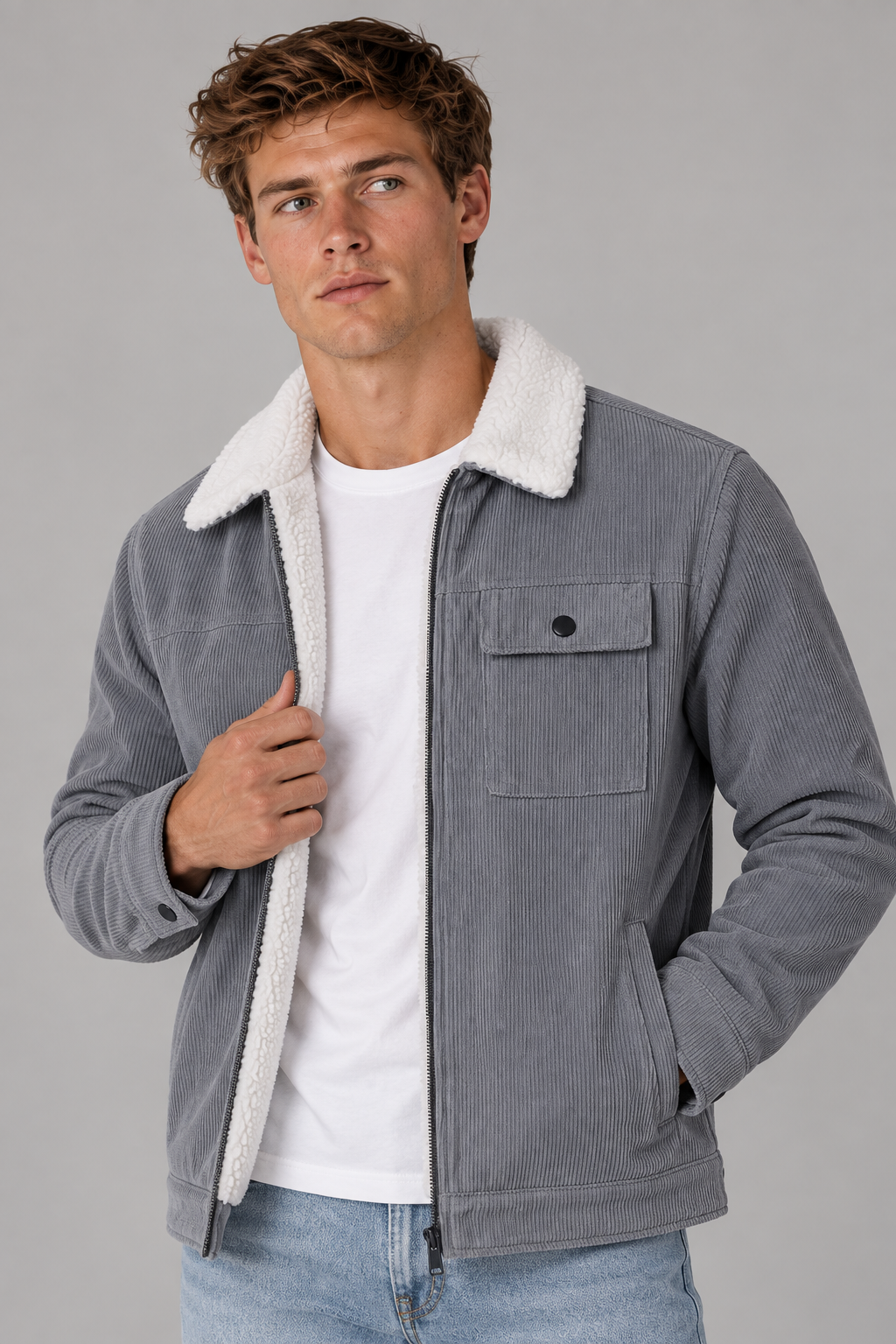 Color: Gray | Gefütterte Herren Cordjacke mit Teddyfleece – Ansicht 1