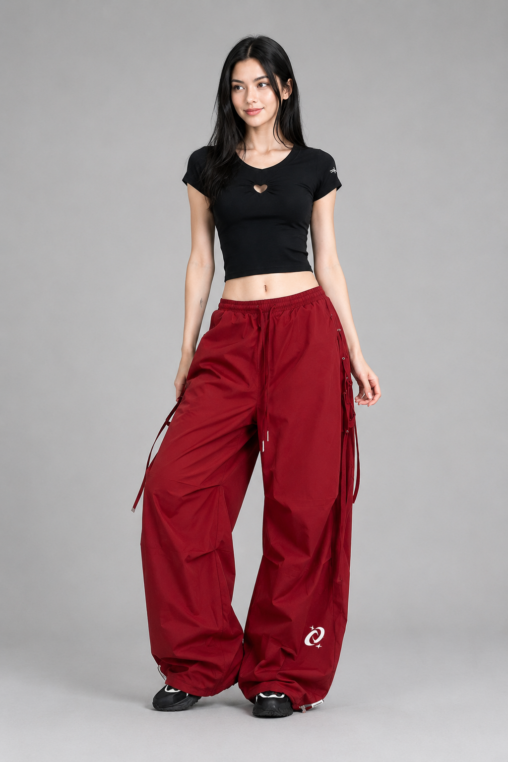 Color: Bordeauxrot | Damen Wide-Leg Parachute-Hose mit Schnürdetails, photo 2
