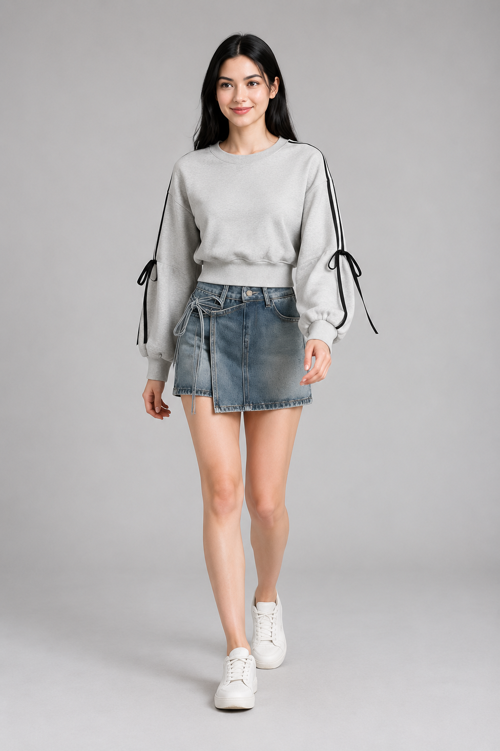 Color: Light Gray | Kurzes Sweatshirt mit Schleifen-Details, photo 6