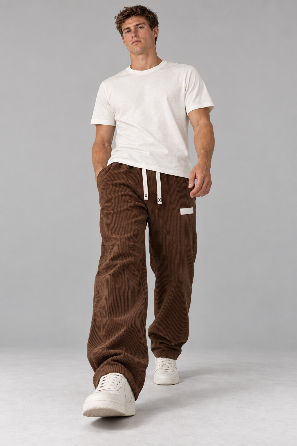 Color: Dark Brown | Herren Cordhose mit weitem Bein und Kordelzug – Ansicht 1