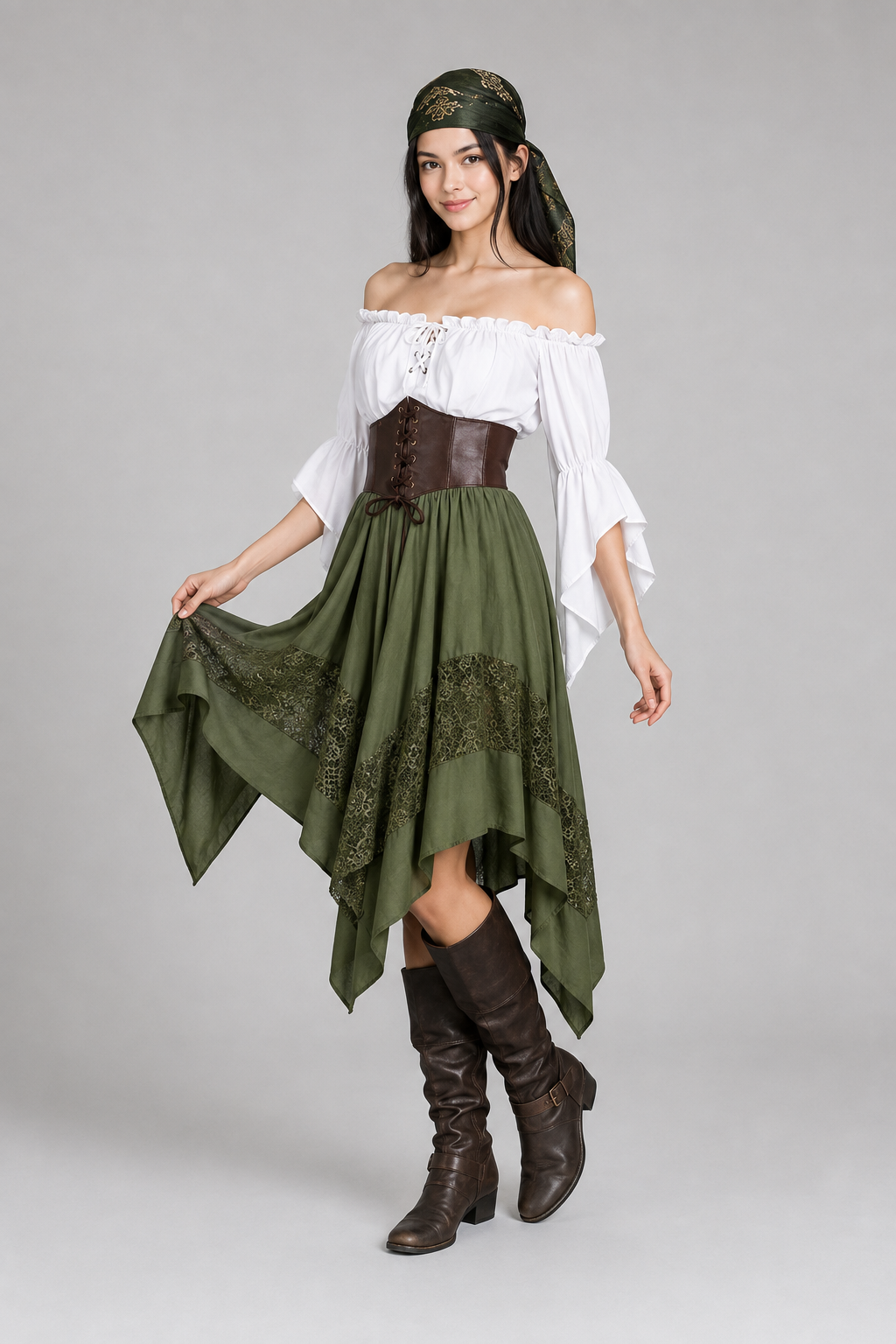 Color: Green | Dreiteiliges Renaissance-Kostüm mit asymmetrischem Rock, photo 2